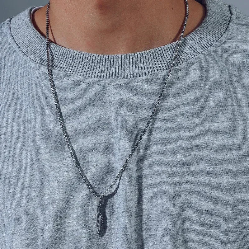 Long Feather Pendant Choker Necklace — Stainless Steel