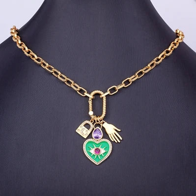 Nidin Hot Sale New Fashion Geometric Paperclip Link Chain Evil Eye Palm Shape Pendant Necklace For Women Men Jewelry