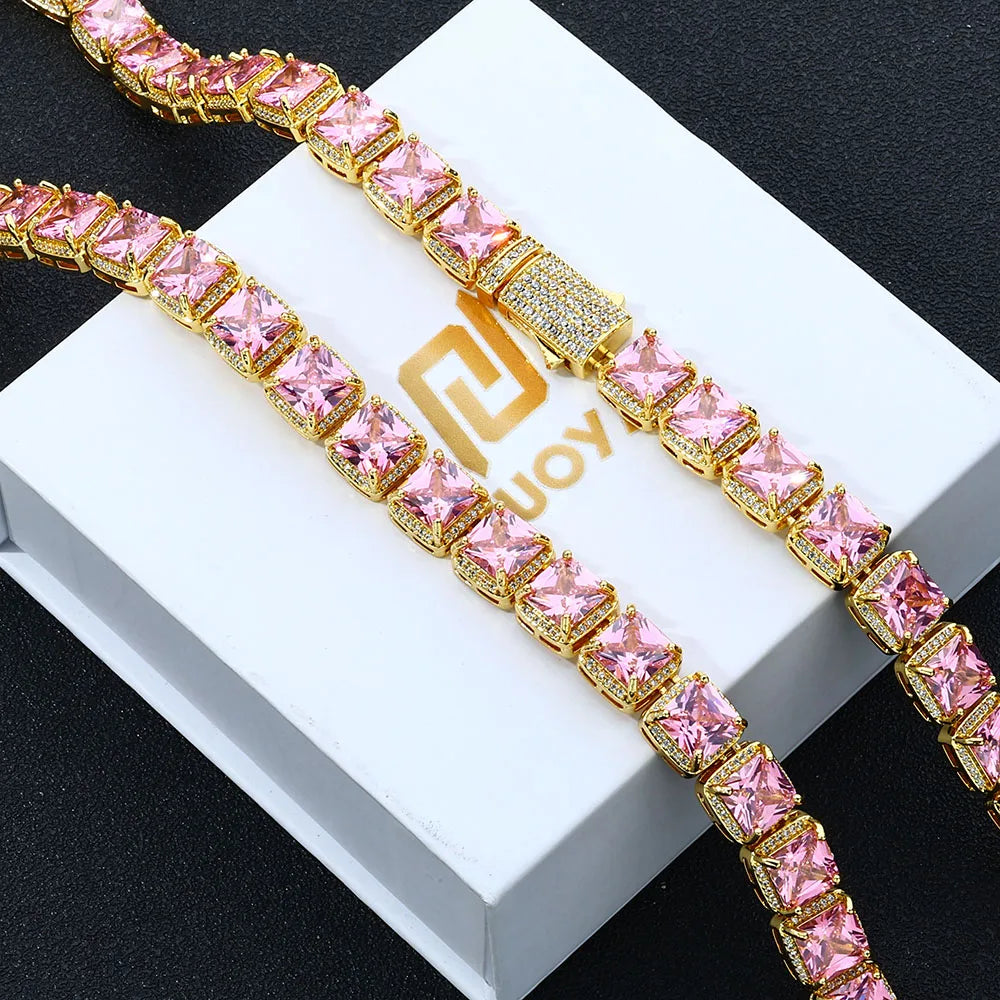 Tennis Chain Necklace Iced Out Pink Princess Cut