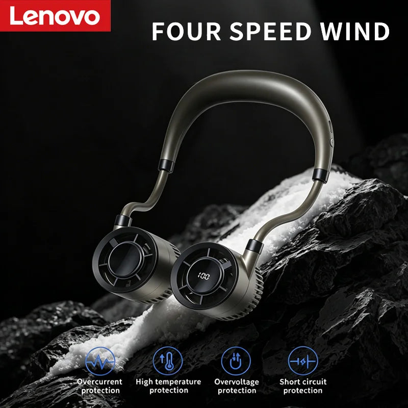 Lenovo Portable Neck Fan 100 Speeds Bladeless Hanging Neck Fan with LED Display USB Rechargeable Fan for Outdoor Sports