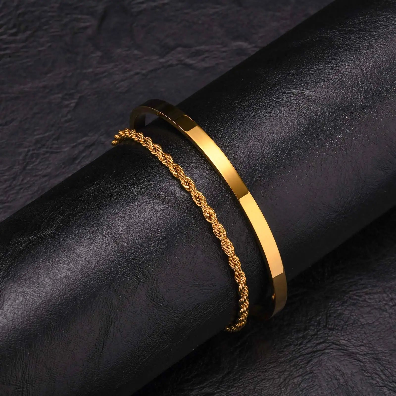 Vnox 2pcs Stackable Bracelets for Men Teens, Open Cuff Bangle, Twisted Rope Figaro Chain Cuban Link Chain Bracelets Set
