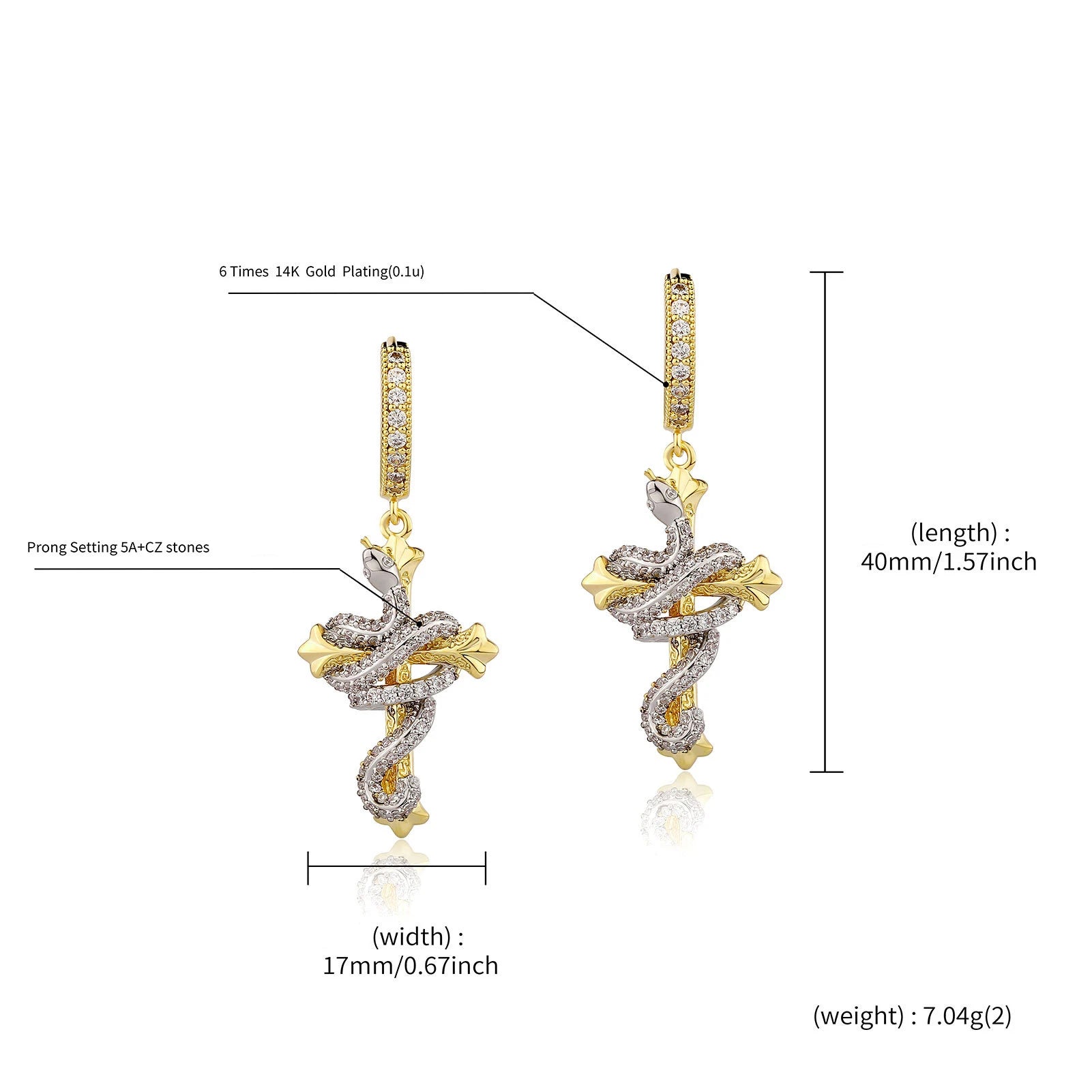 Iced Out Cross Snake Dangle Hoop Earrings
