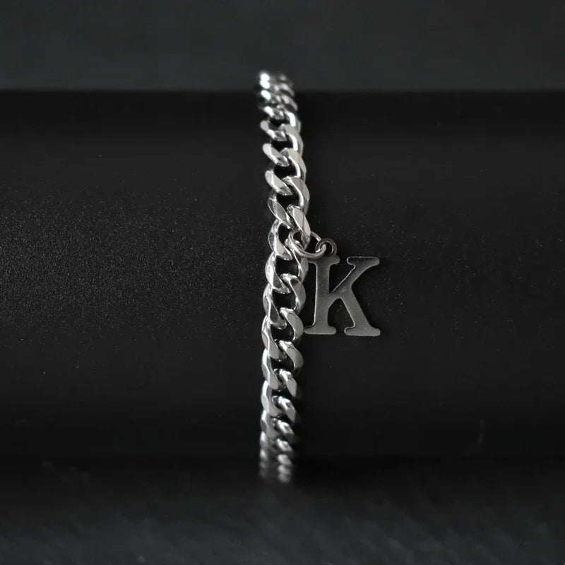 A-Z Initial Letter Cuban Chain Bracelet — Stainless Steel