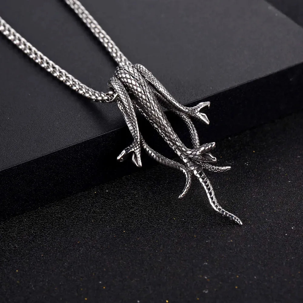 Retro Gothic Three Headed Long Snake Pendant Necklace Stainless Steel Punk Biker Snake Necklace For Men Women Fashion Jewelry
