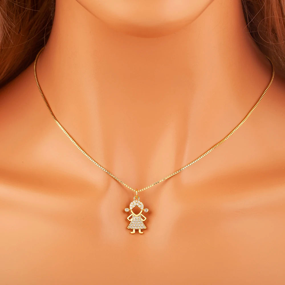 New Fashion Pave Shiny Crystal Zircon Girls Boys Son Daughter Pendant Necklace For Female Male Chain Link Jewelry Accessories