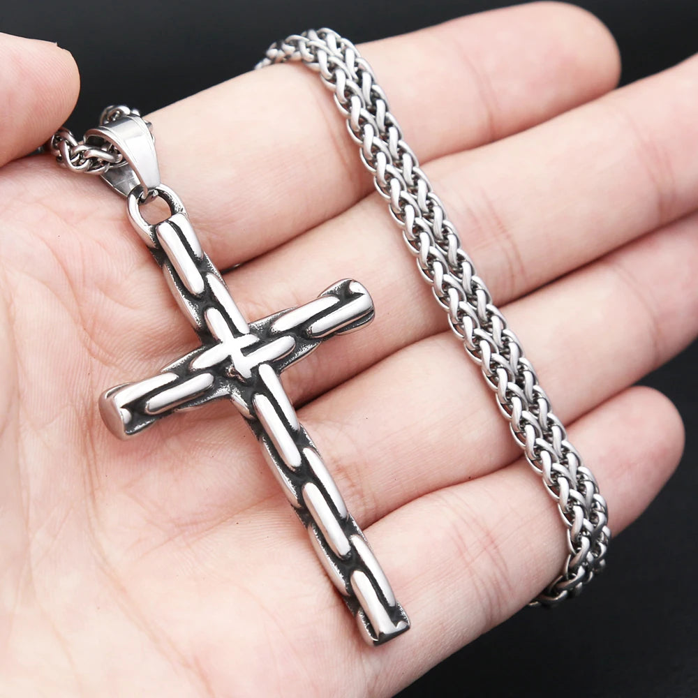 Unique Vintage Creative Cross Pendant Necklaces For Men Stainless Steel Gothic Hip Hop Chained Cross Necklace Biker