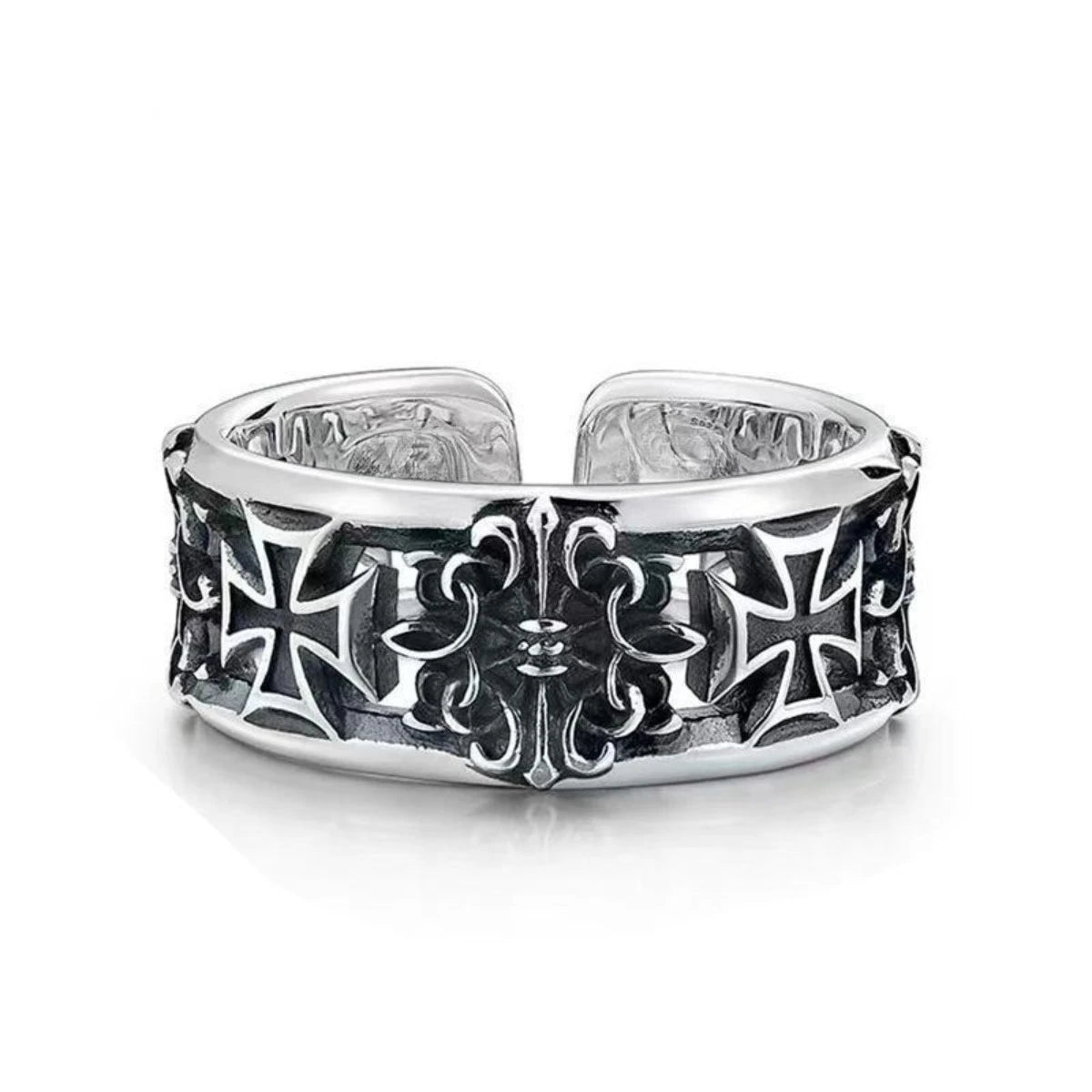 Dark Engraved Symbol Adjustable Open Ring — Stainless Steel