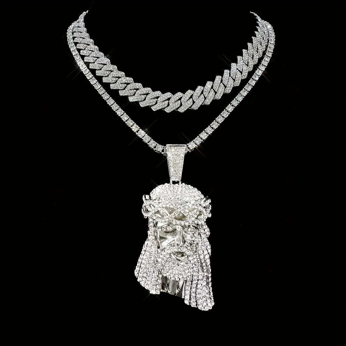 Stylish 3D Jesus Pendant Necklace - Hip Hop Inspired with Layered Cuban & Tennis Chains, Rhinestone Accents,Fashion