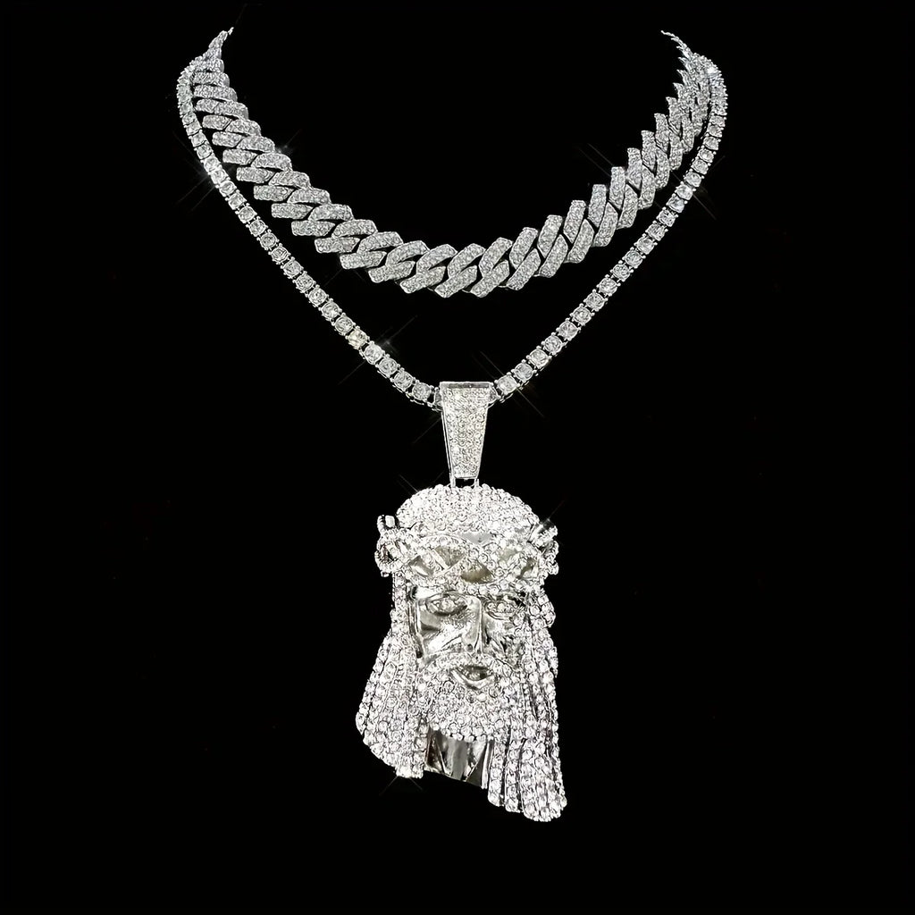 Stylish 3D Jesus Pendant Necklace - Hip Hop Inspired with Layered Cuban & Tennis Chains, Rhinestone Accents,Fashion Jewelry