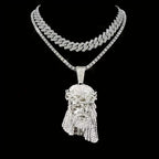 Stylish 3D Jesus Pendant Necklace - Hip Hop Inspired with Layered Cuban & Tennis Chains, Rhinestone Accents,Fashion Jewelry