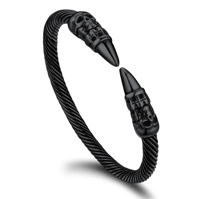 U7 Stainless Steel 6mm Wide Twristed Cable Open Bangle Cuff for Man Skull Dragon Long Charm End Rock Gothic Punk Jewelry Gift