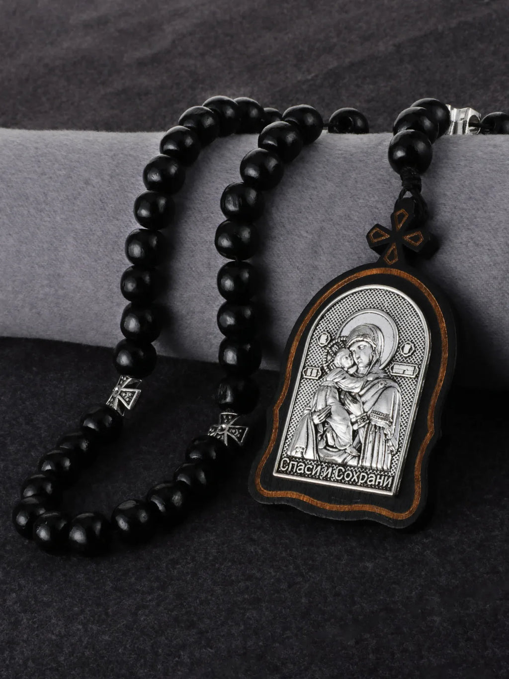 Russian Orthodox Icon Wood Rosary Pendant Necklace Prayer Beads