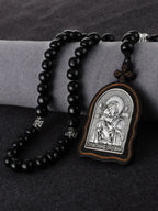 Russian Orthodox Icon Wood Rosary Pendant Necklace Prayer Beads