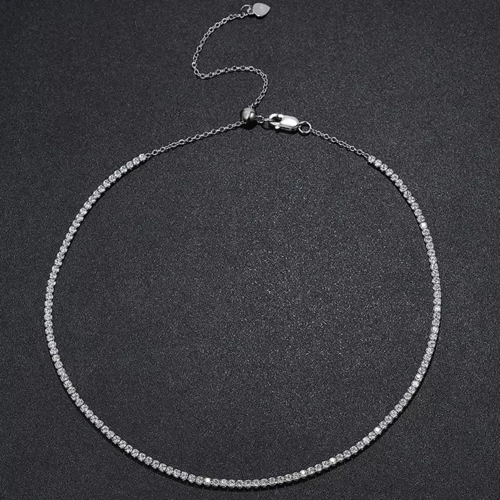 FEOBUR 2mm Moissanite Tennis Necklaces for Women S925 Silver Plated 18K Gold Adjustable Choker Full Diamond Neck Chain