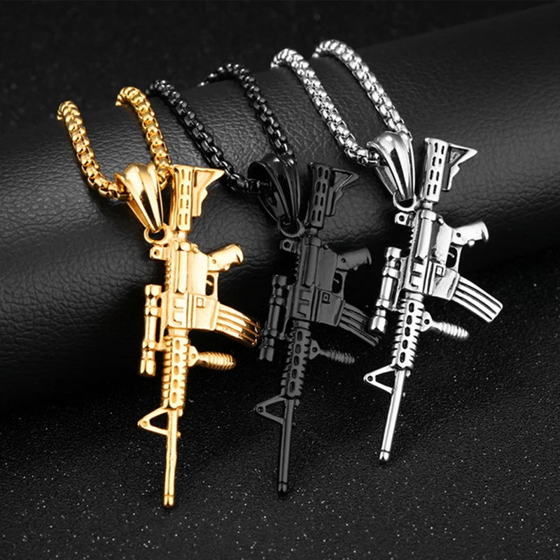 Black Gold Machine Gun Pendant Necklace Statement