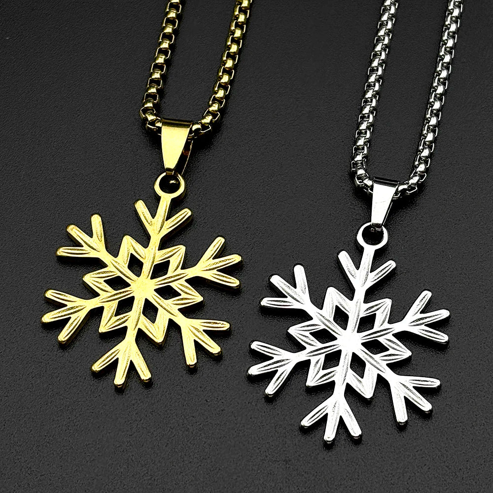 Hollow Snowflake Pendant Necklace For Women Men Stainless Steel Gold Color Fashion Winter Chain Jewelry Minimalist Gift