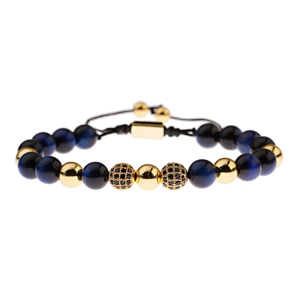 Black CZ Pave Ball Beaded Bracelet for Men — Adjustable Weave