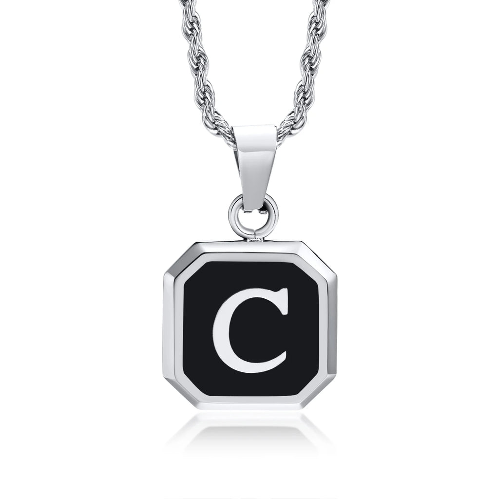 Initials Necklaces for Men Women,A-Z 26 Letters Black Square Stainless Steel Pendant Collar,45-60CM Twisted Rope Chain