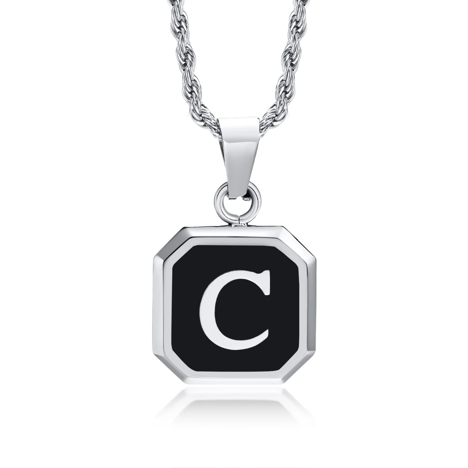 Initials Necklaces for Men Women,A-Z 26 Letters Black Square Stainless Steel Pendant Collar,45-60CM Twisted Rope Chain
