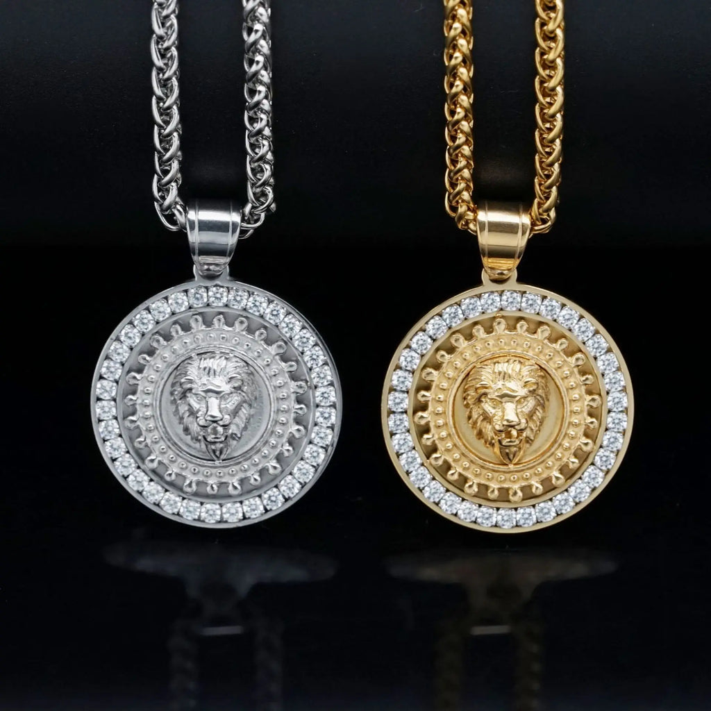 Lion Head Rhinestone Pendant Necklace — Stainless Steel