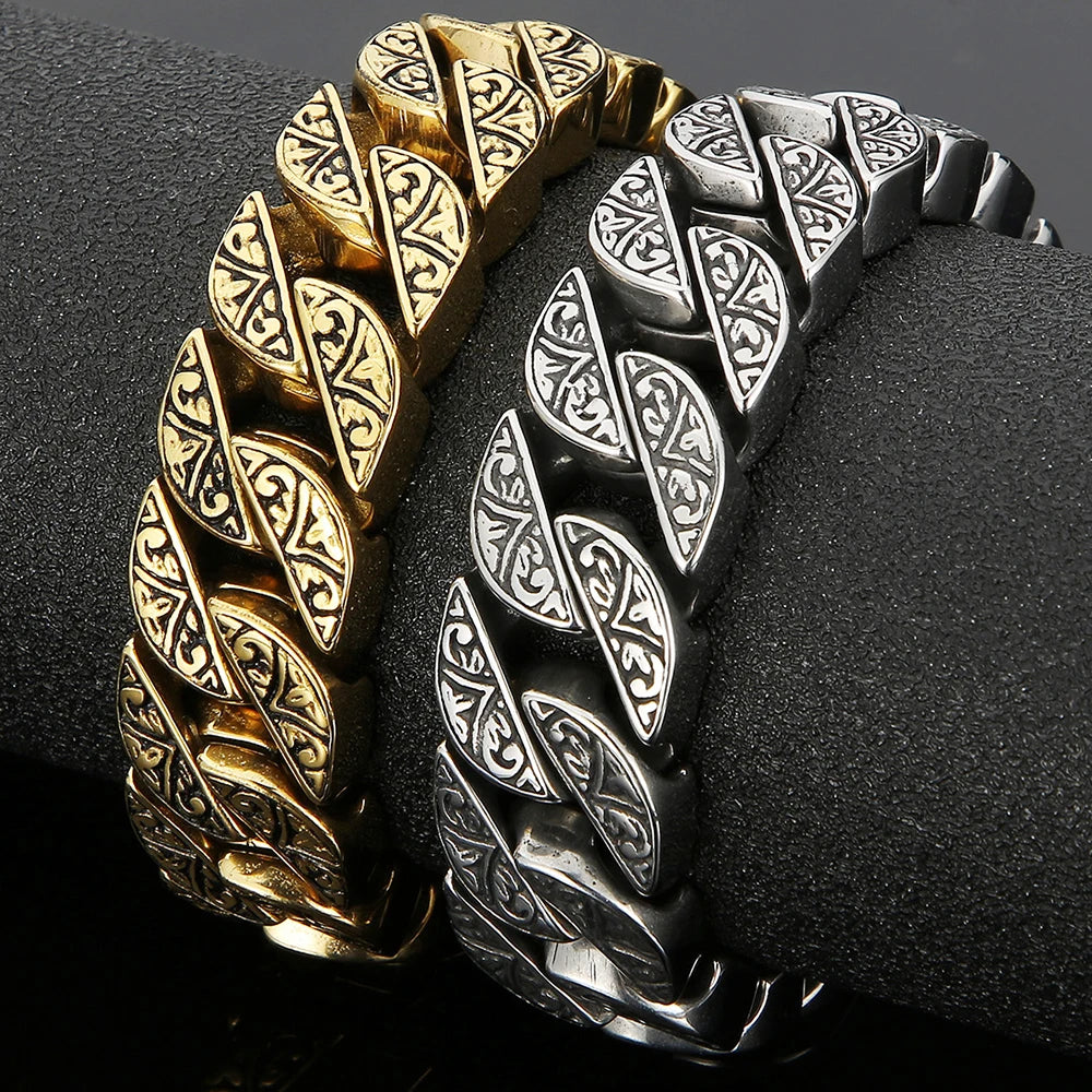 Stainless Steel 17MM Wide Chain Man Bracelet Homme Gold Color Metal Strap Men's Bracelets For Man Products 7.9"