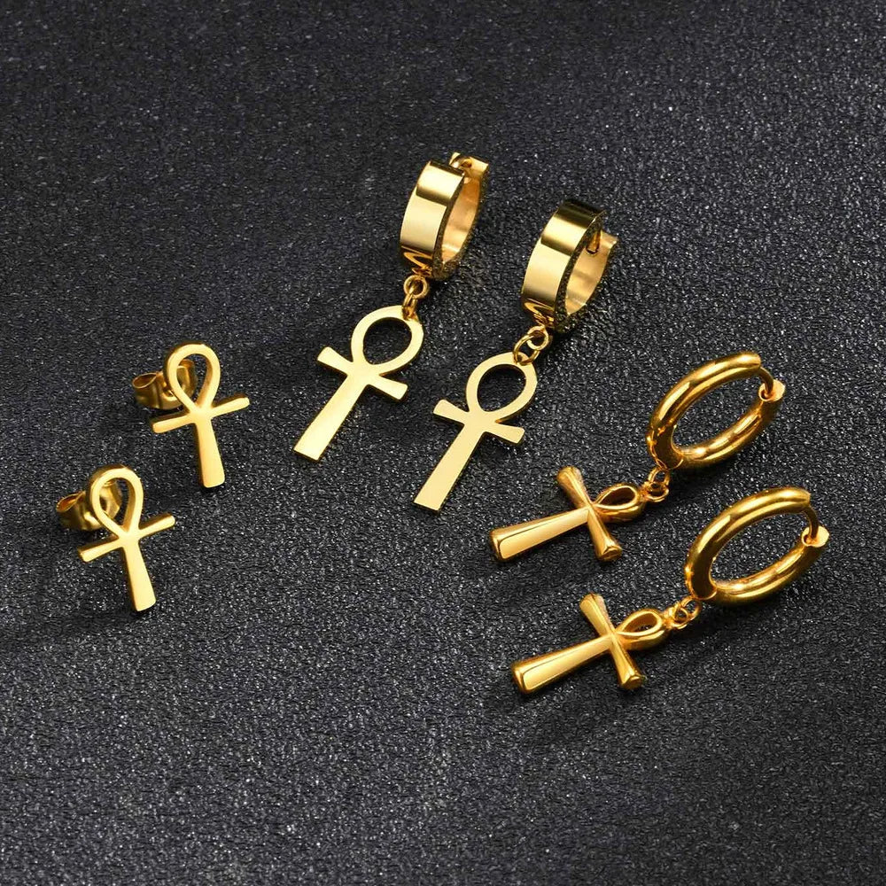 Ankh Cross Huggie Hoop Earrings — Stainless Steel
