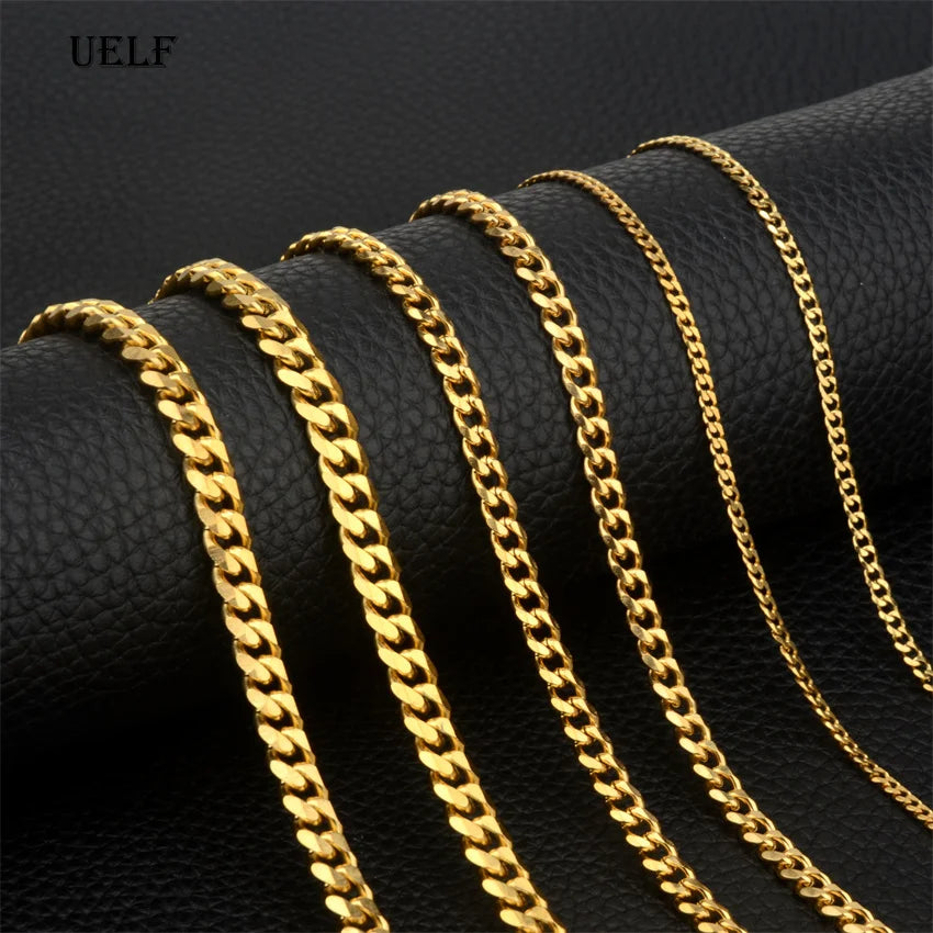 UELF 3/5/7/9/11mm Men's Silver Color Necklace Stainless Steel Cuban Link Chain for Mens Womens Basic Black Gold Tone Chokers