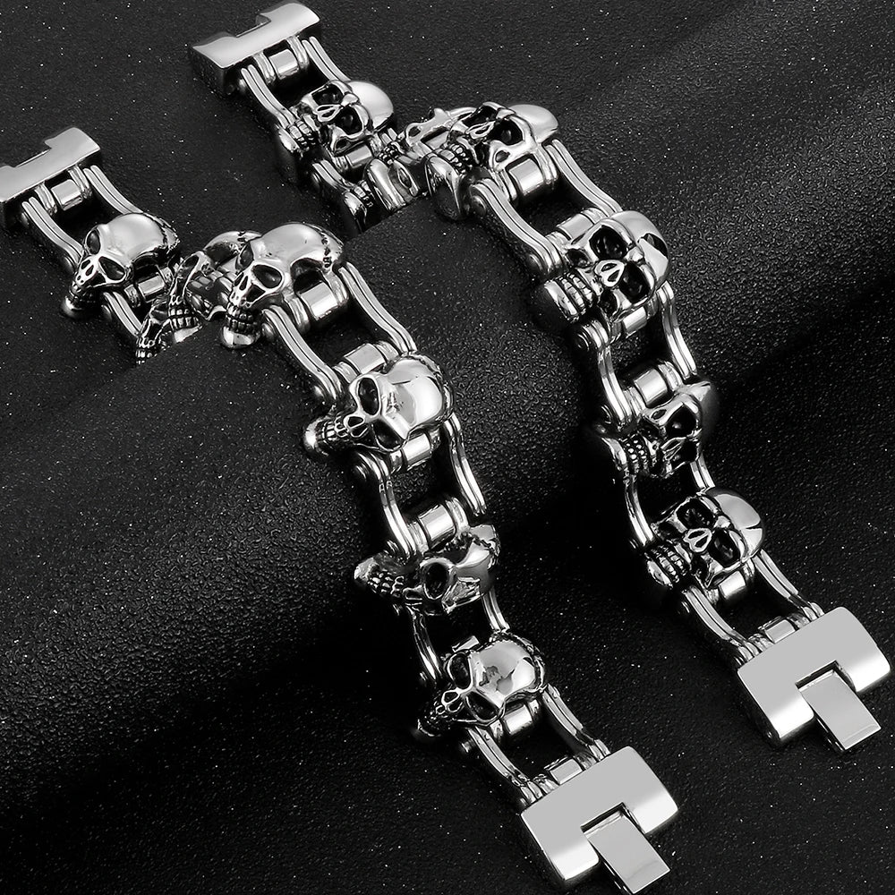 Men's Bike Chain Skull Bracelet Masculine Heavy Stainless Steel Skeleton Head Bracelets Party Accessories for Rapper