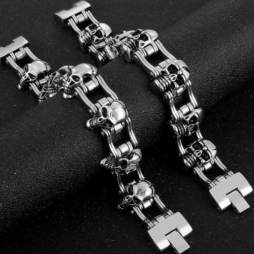 Men's Bike Chain Skull Bracelet Masculine Heavy Stainless Steel Skeleton Head Bracelets Party Accessories for Rapper