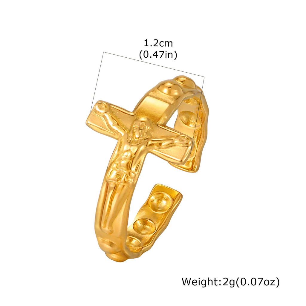 Fashion Vintage Jesus Cross Rings for Men, Waterproof Stainless Steel Adjustable Open Rings, Religious Party Jewelry Gift
