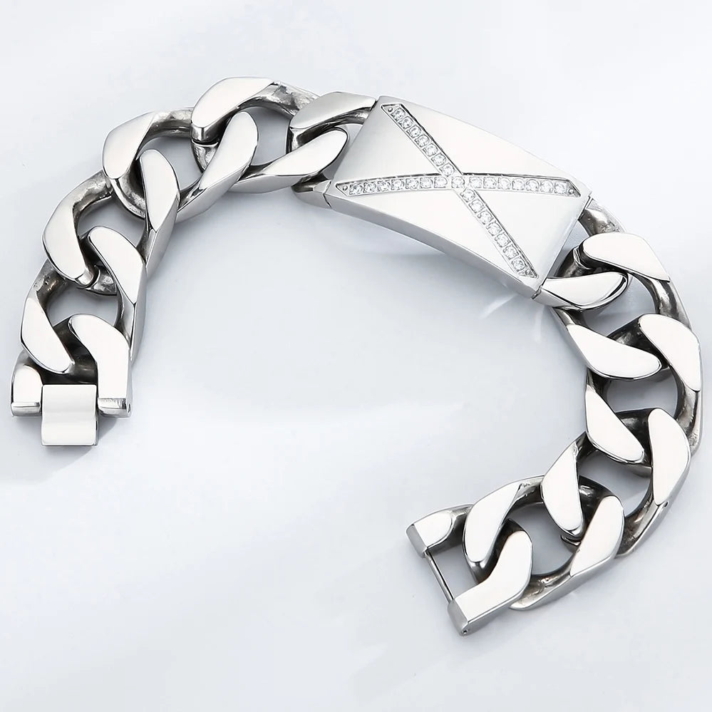 Massive Man Bracelet 20MM Width Men's Stainless Steel Cuban Link Chain Bracelet with CZ Gothic Biker Jewelry Accessory