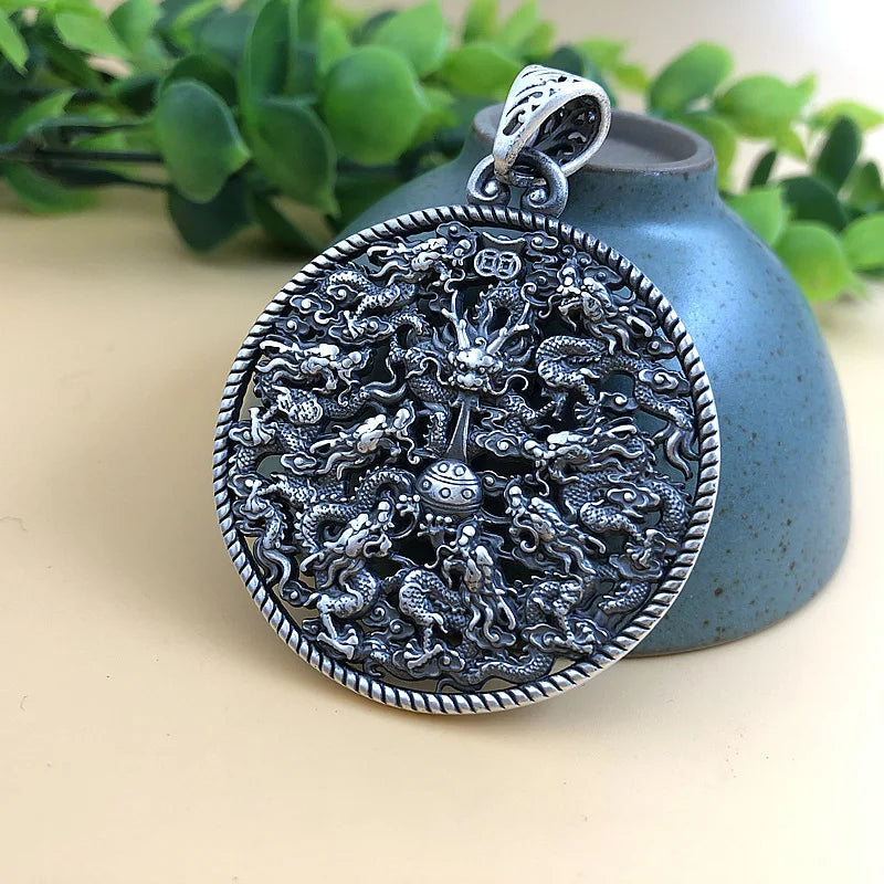 Chinese Dragon Medallion Pendant Necklace — Silver-Tone