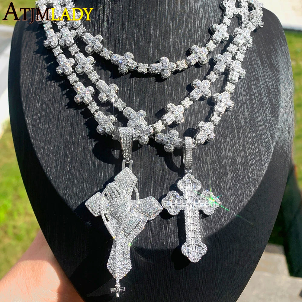 2026 New Iced Out Cross Pendant Necklace For Women Men Star Link Chain Praying Hands Bling CZ Charm Fashion Hip Hop Jewelry