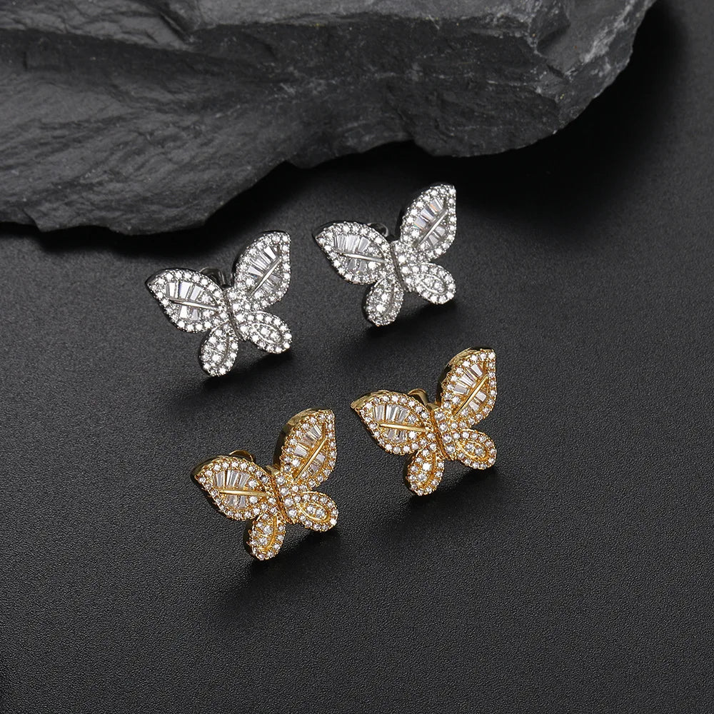 Gold Iced Out Butterfly Stud Earrings Statement