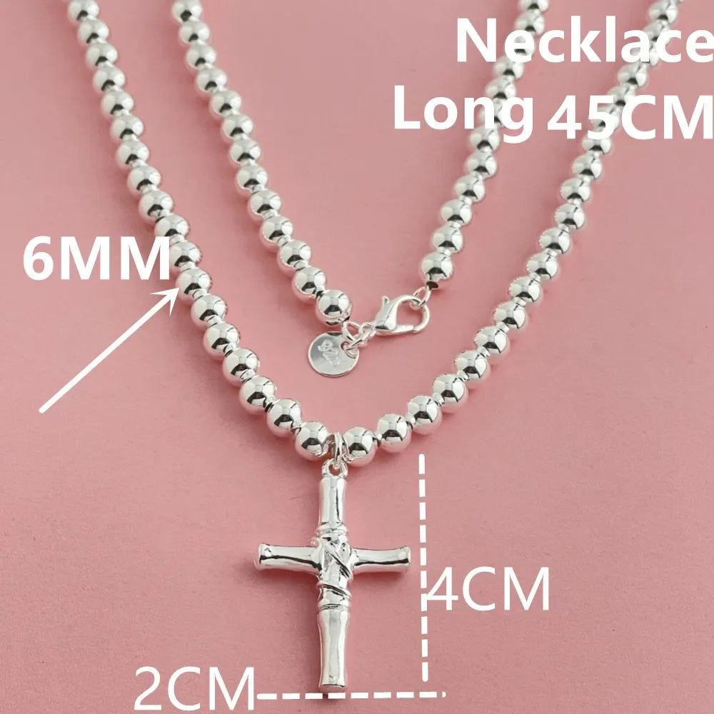 Buddhist Beads Chain Cross Pendant Necklace — Silver-Tone 6mm