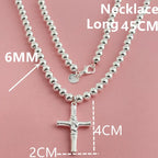 Buddhist Beads Chain Cross Pendant Necklace — Silver-Tone 6mm
