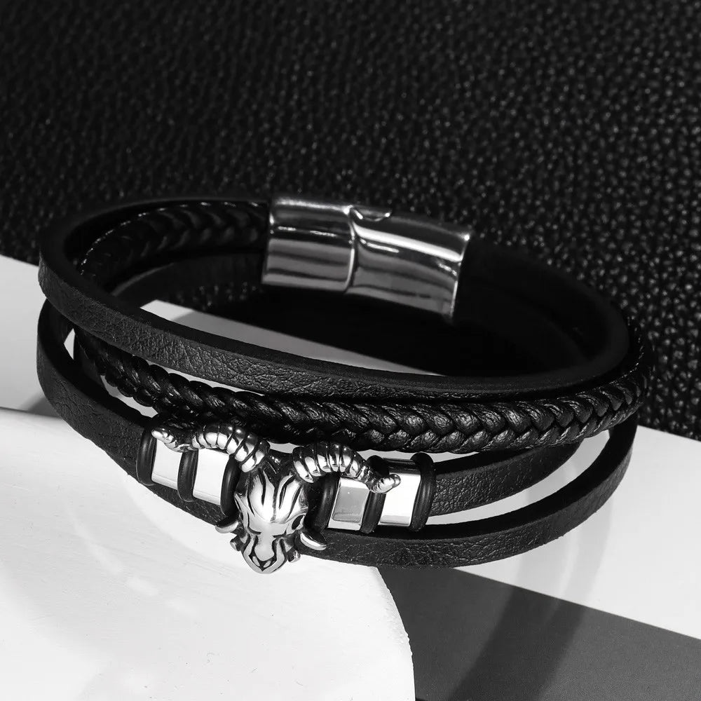 New Vintage Leather Woven Rope Bracelet Titanium Steel Sheep's Head Magnetic Buckle Men's Bracelet Fashion Jewelry