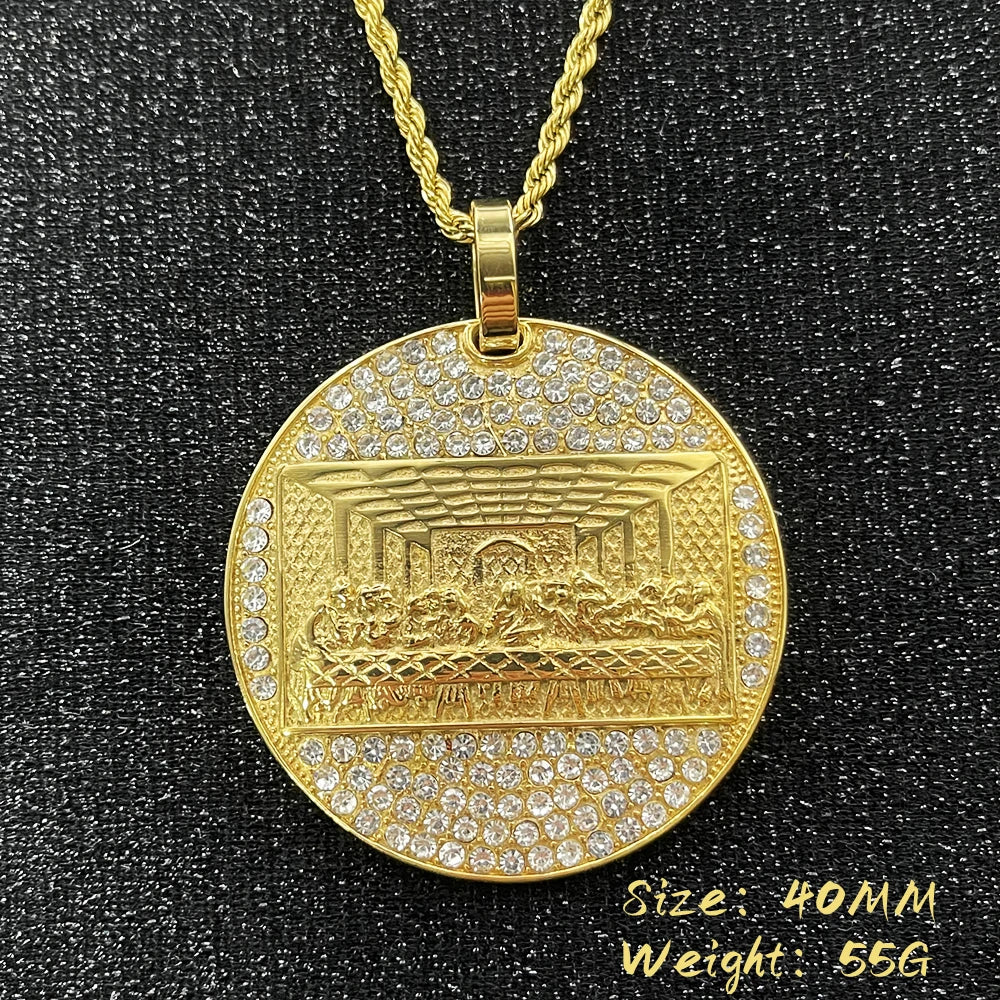 Last Supper Pendant Necklace — Big Jesus Rhinestone, Gold-Tone