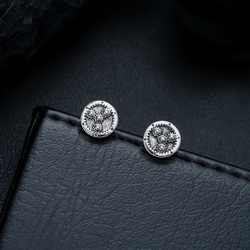 Mini Gear Wheel Round Engraved Stainless Steel Stud Earrings Steampunk Mechanical Vintage Ear Piercing for Guys