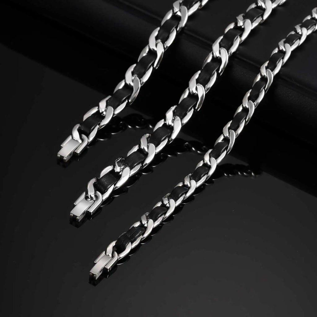 Cuban Black Leather Chain Bracelet — Stainless Steel
