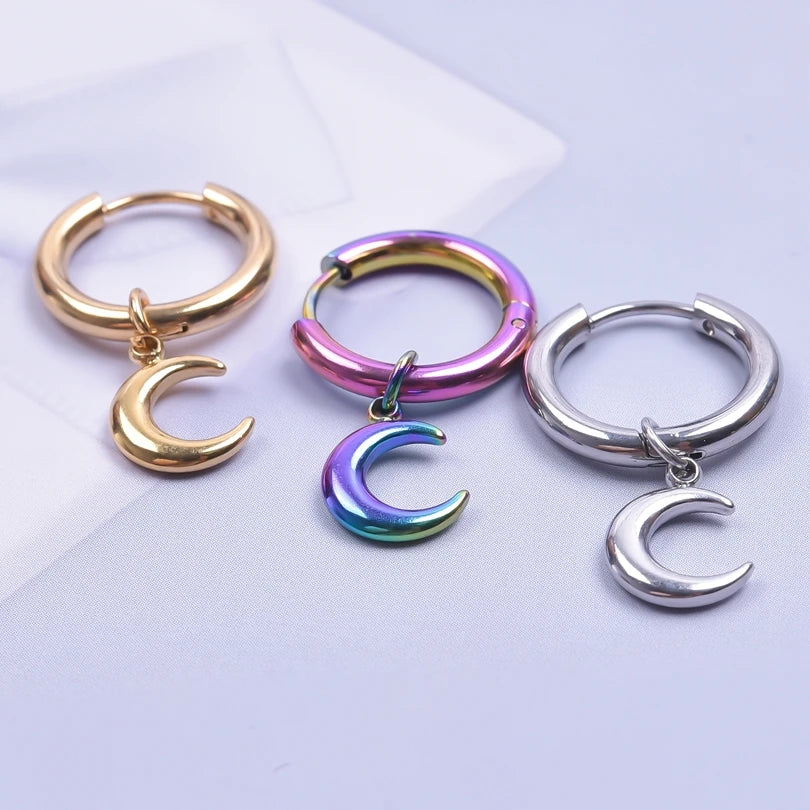 Moon Dangle Huggie Hoop Earrings, Multi-Style — Stainless Steel