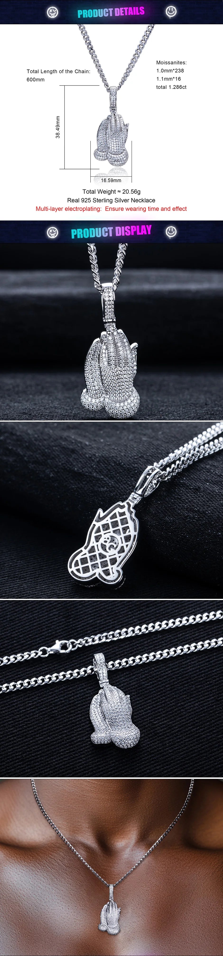Iced Out Praying Hand Pendant — 925 Silver
