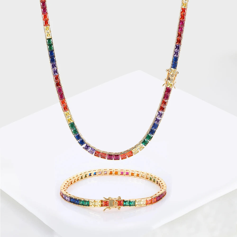 Gold Rainbow Tennis Necklace Iced Out 4MM 18K