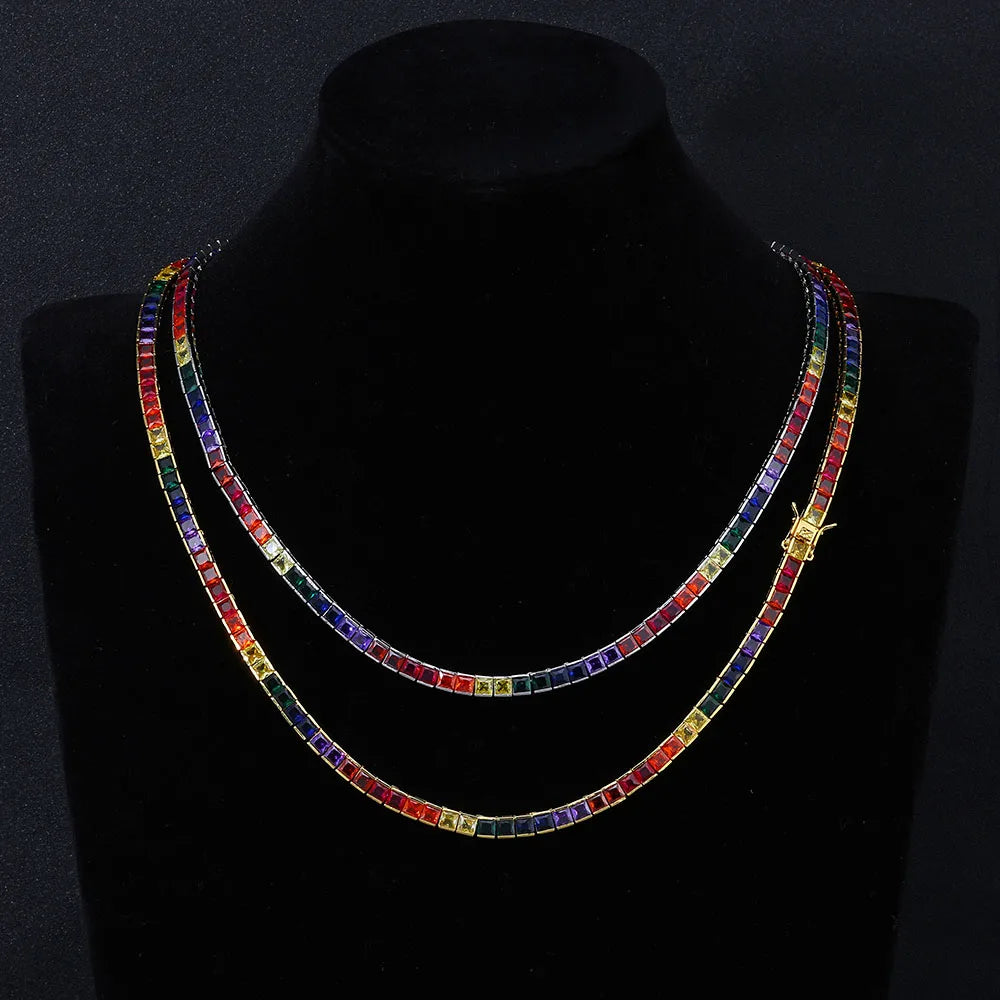 Gold Rainbow Tennis Necklace Iced Out 4MM 18K