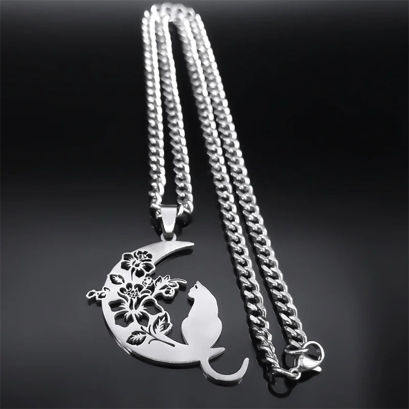 Wicca Moon Cat Pendant — Stainless Steel