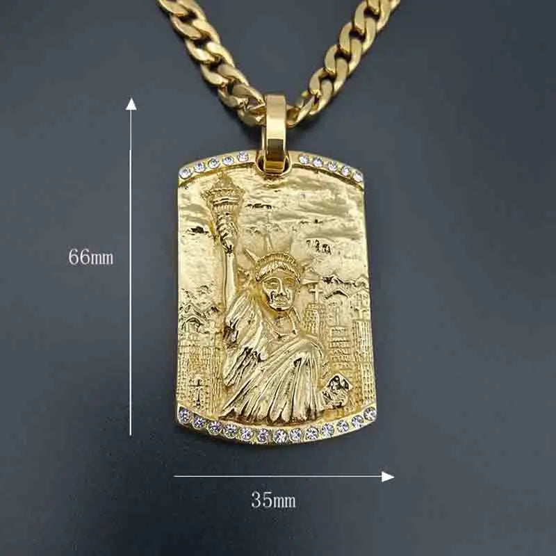 Iced Out Statue of Liberty Pendant — Cuban Chain, Stainless Steel