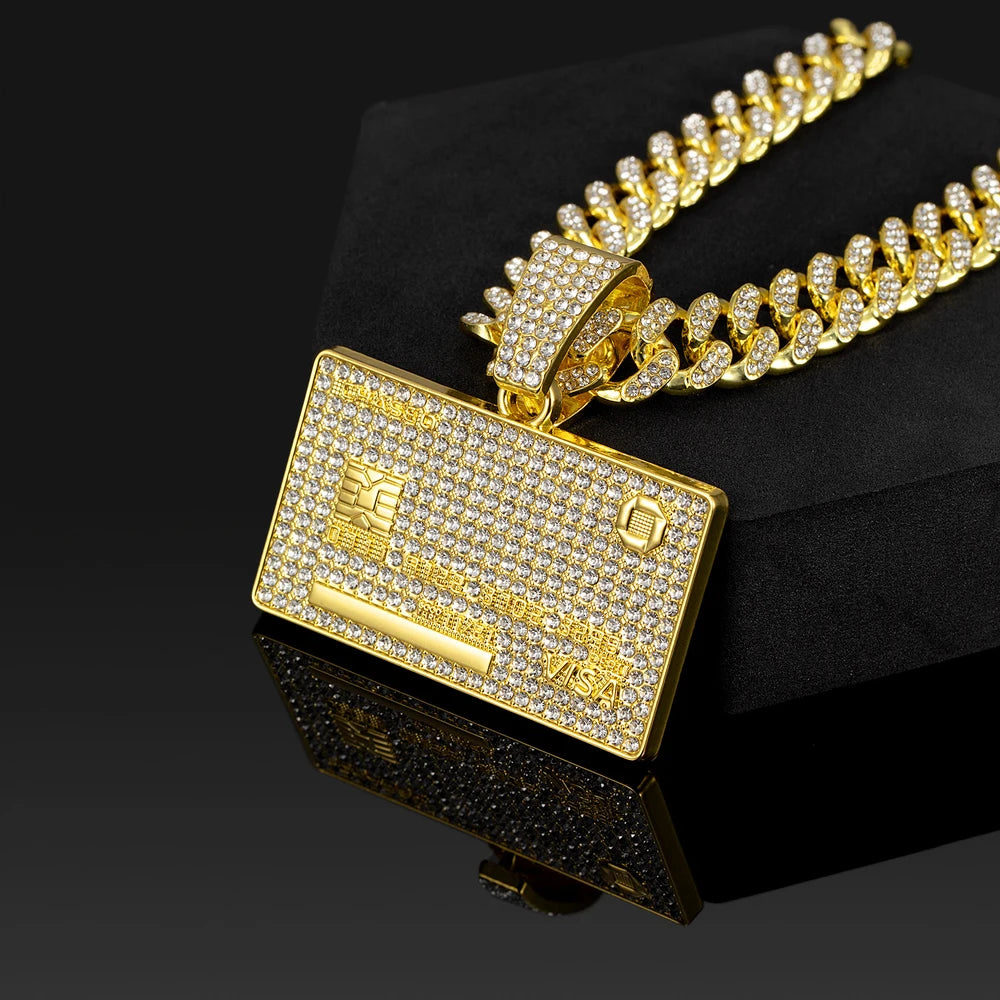 Men's Hip Hop Credit VISA Card Pendants With 13mm Miami Cuban Chain Iced Out Bling Bank Card Necklaces Fashion Jewelry for Woman