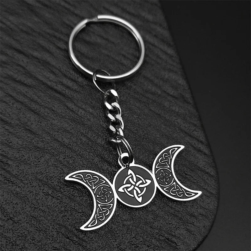 Viking Steel Ring Wiccan Triple Moon Goddess Key