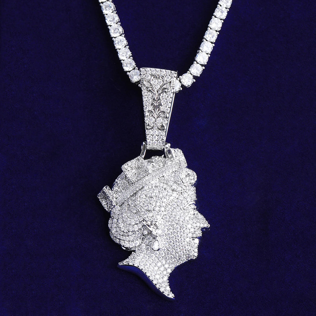Bubble Letter Iced Out Queen Head Necklace Pendant  for Men Real Gold Plated 5A Cubic Zirconia Hip Hop Jewelry