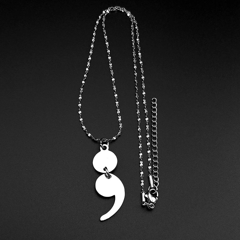 Inspirational Semicolon Pendant Necklace Stainless Steel Mental Health Support Jewelry Gift For Anxiety Depression Recovery